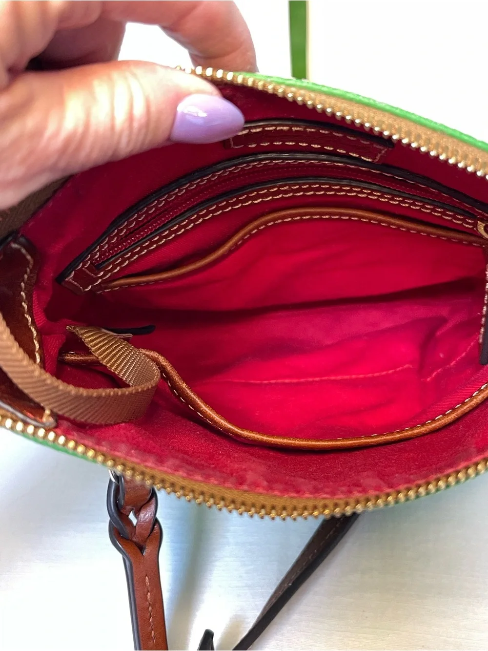 Dooney & Bourke Green Pebbled Leather Crossbody with Brown Trim